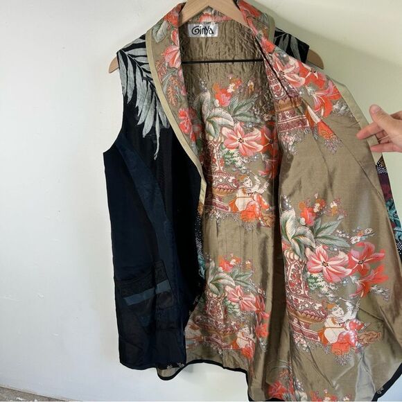 GinYa Floral Quilted Embroidered Appliqué Asian Style Long Line Open Front Vest - Picture 3 of 16